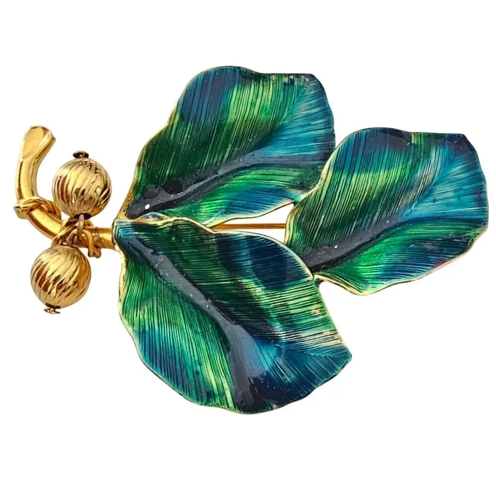 Blue Green Vintage Leaves Brooch Brass Bead Enamel Wired Leaf Pin J319